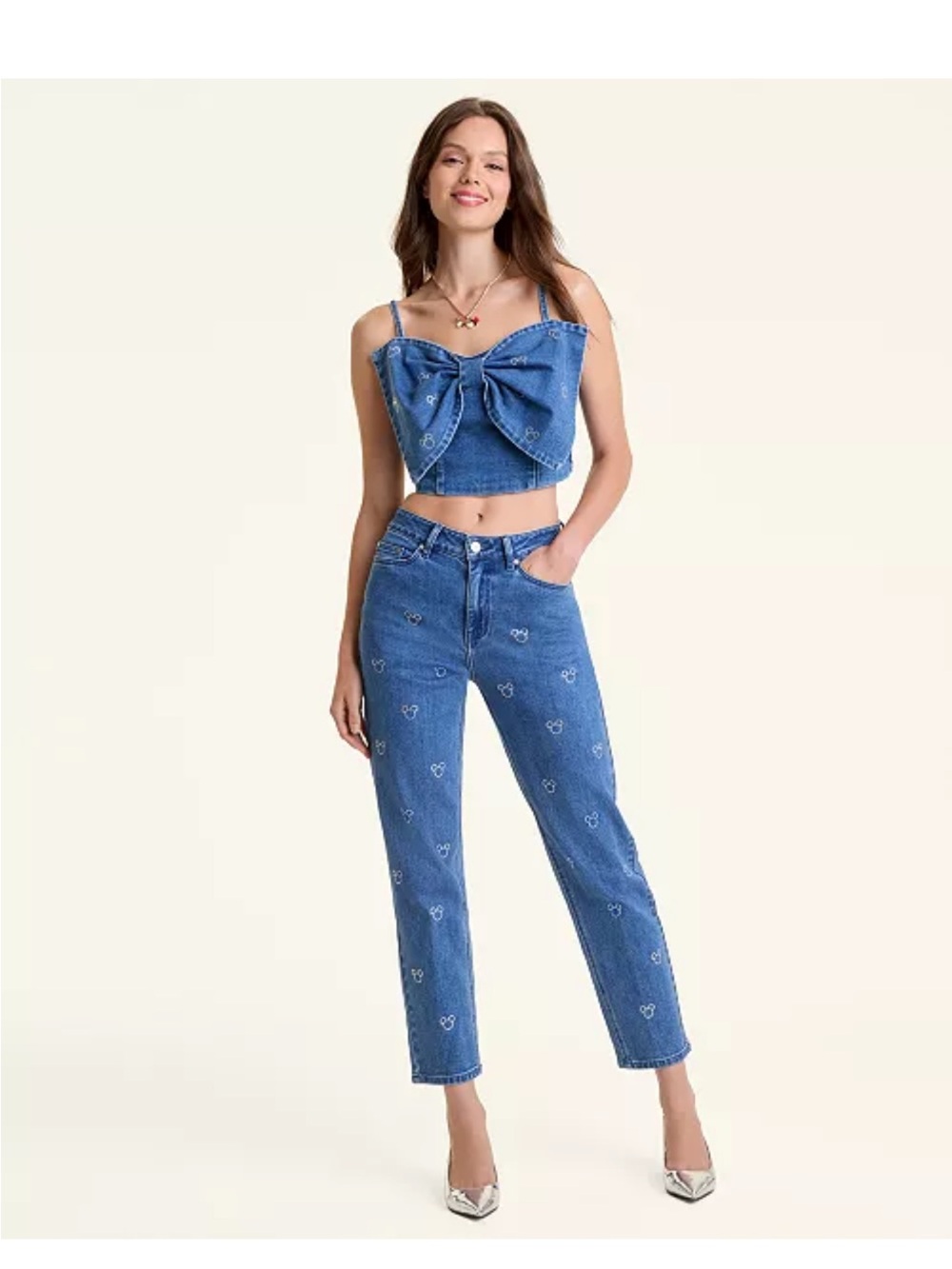 Disney x Macys Denim Bow Crop Tank Top in Blue Swarovsk Crystals Sz M NWT